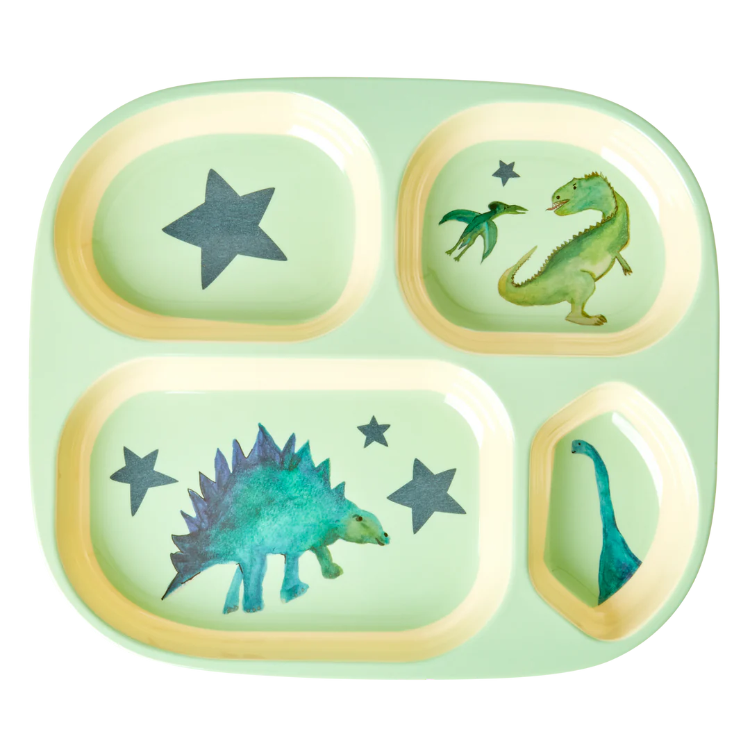 Children's Plate 4 Compartments - Light Green - Dino Print