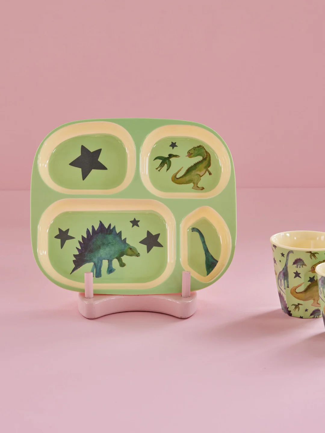 Children's Plate 4 Compartments - Light Green - Dino Print