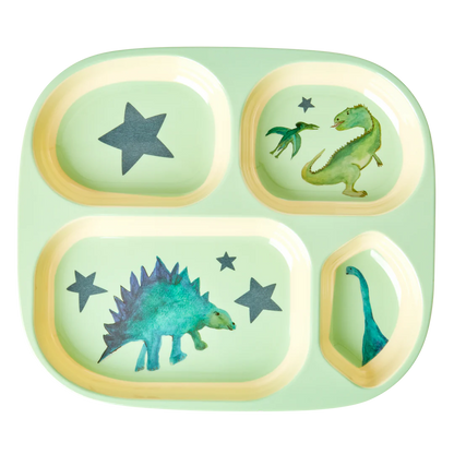 Children's Plate 4 Compartments - Light Green - Dino Print